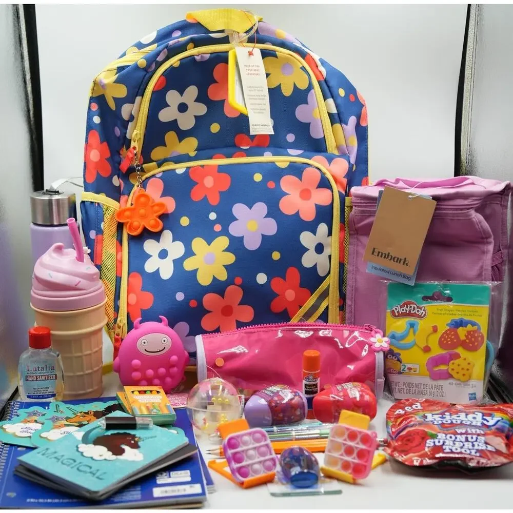 Cat & Jack Floral Backpack Bundle w/ Embark Lunch Bag, Toys & Supplies NEW